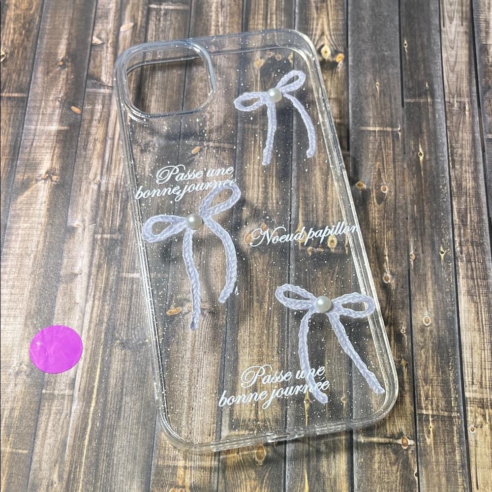 5for$10 Transparent Glitter Tie Ribbon Pearl Bow IPhone 15 Plus Phone Case